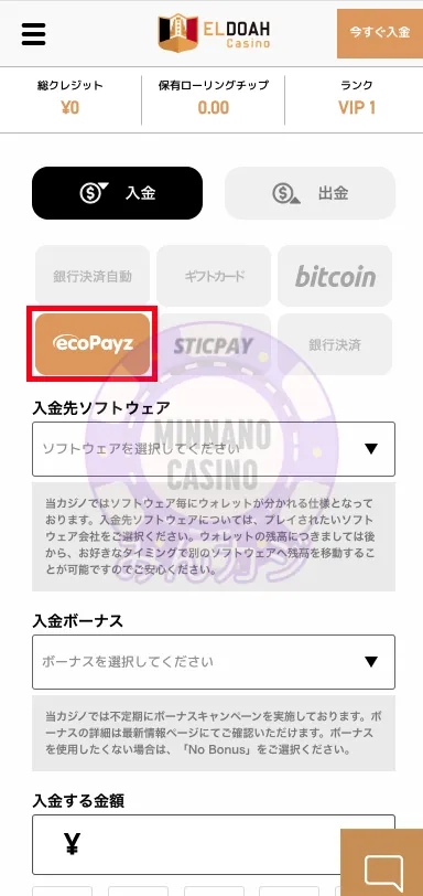 エルドアカジノ（ELDOAH）Payz（旧ecoPayz）決済の入金方法