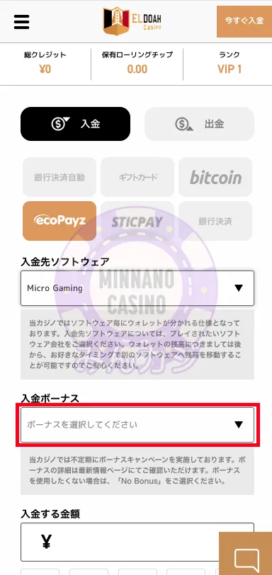 エルドアカジノ（ELDOAH）Payz（旧ecoPayz）決済の入金方法