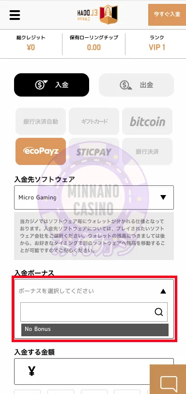 エルドアカジノ（ELDOAH）Payz（旧ecoPayz）決済の入金方法