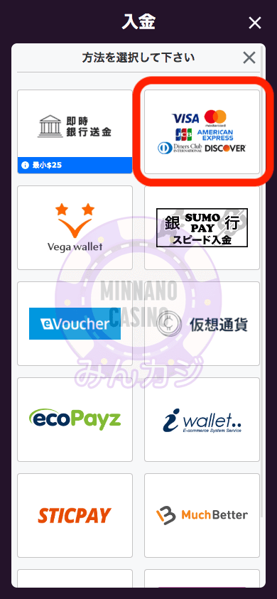 クレジットカード決済での入金方法