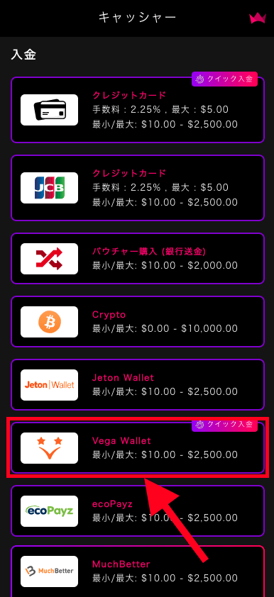 インターカジノ（InterCasino）のVega Walletでの入金方法