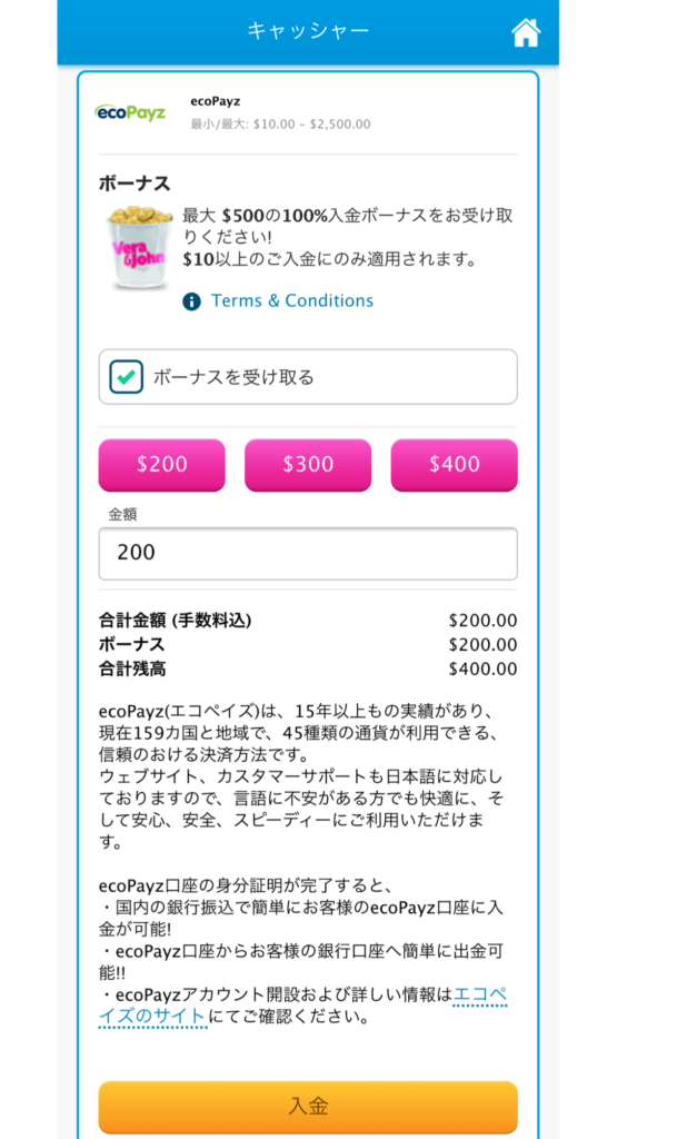 ベラジョンカジノ（Vera & John）のecoPayzでの入金方法