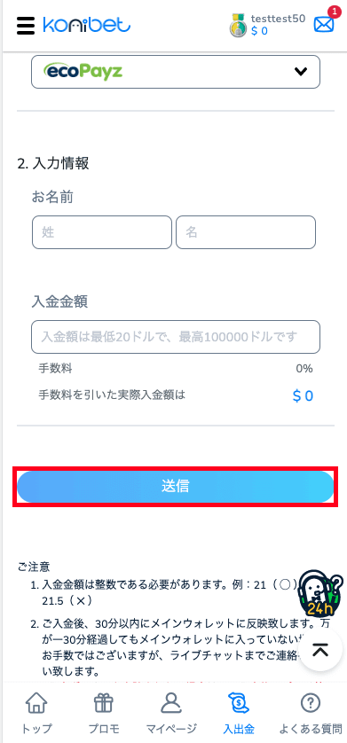 コニベット（Konibet）ecoPayzによる入金方法