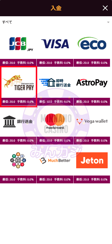 ラッキーニッキー（LuckyNiki） TigerPayでの入金方法について