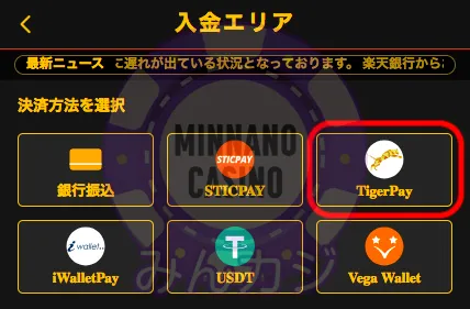 FORTUNAカジノ(フォーチュナーカジノ)タイガーペイ(TigerPay)入金の流れ