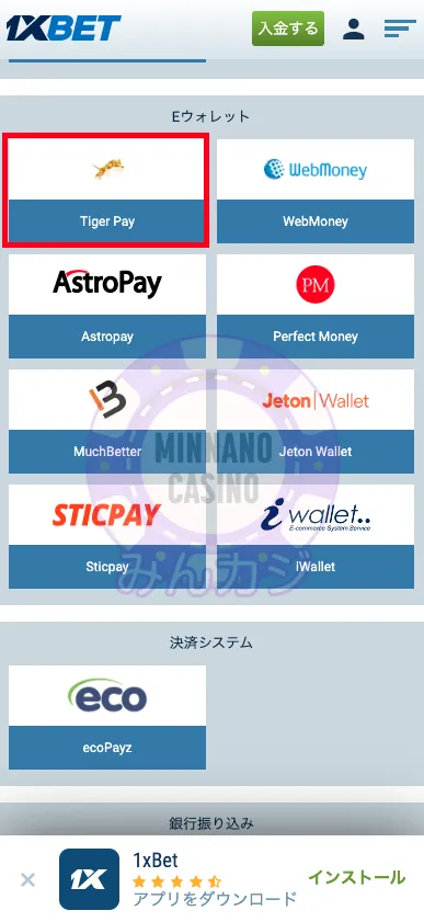 1xBET(ワンバイベット) TigerPayの入金方法