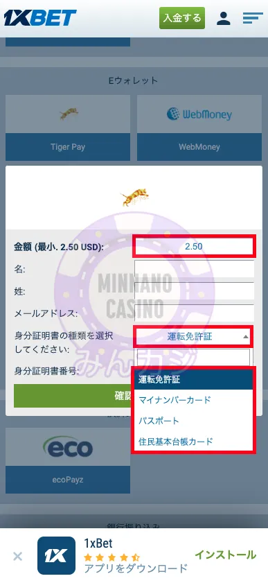 1xBET(ワンバイベット) TigerPayの入金方法