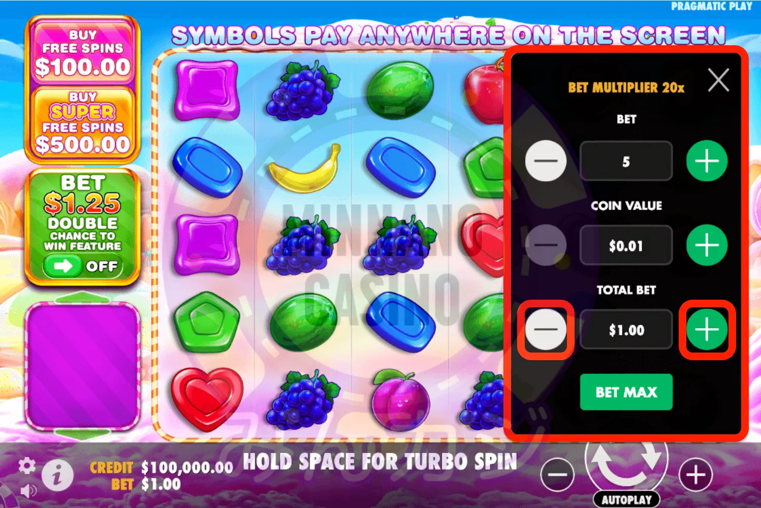 スイートボナンザ1000(Sweet Bonanza 1000)ベット額の設定