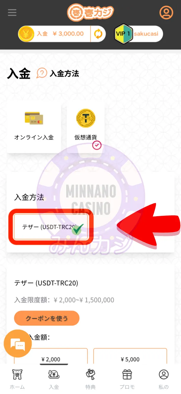 壱カジ（1casi）仮想通貨決済の入金方法
