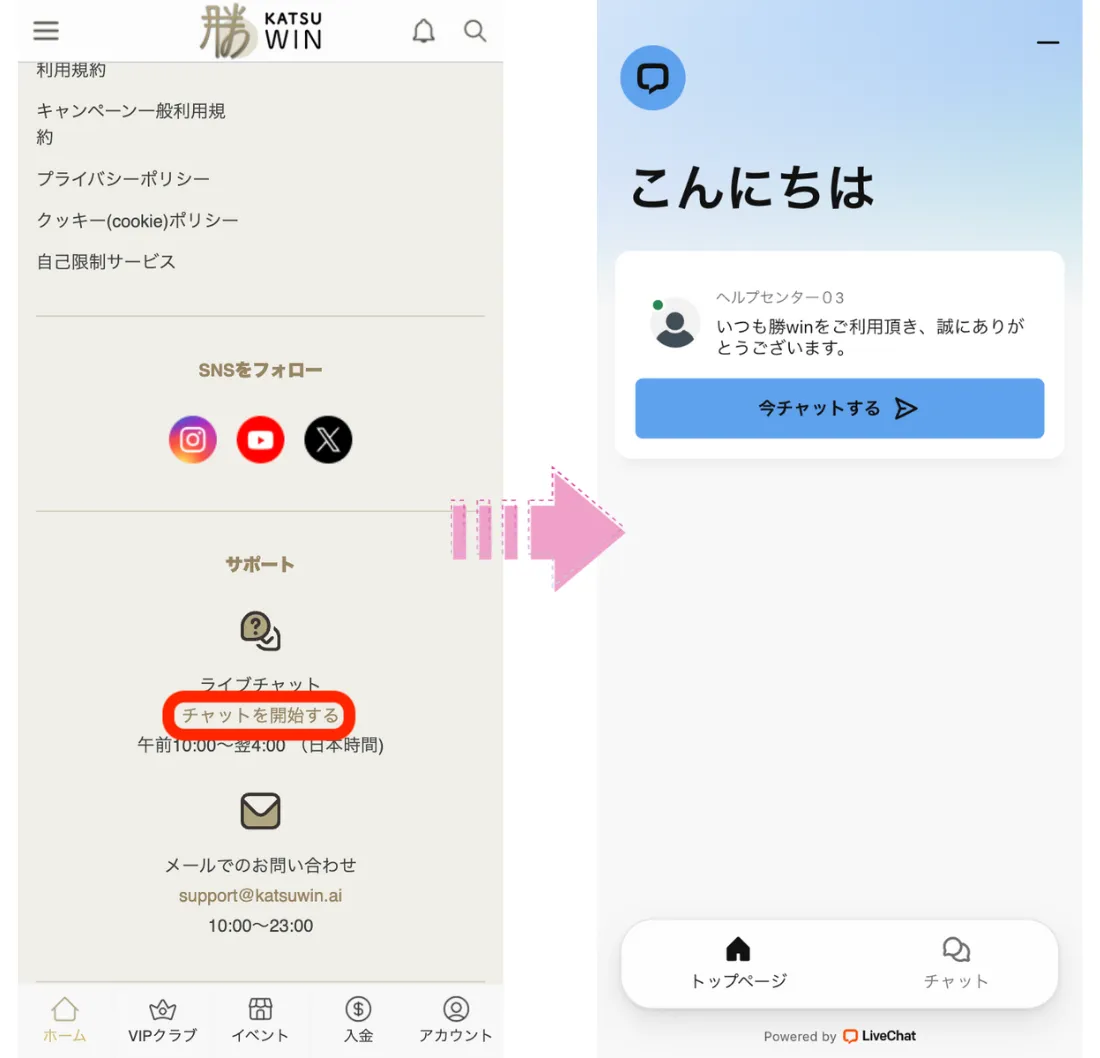勝WIN(勝ウィン)のサポートチャットのアクセス方法